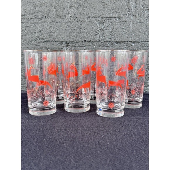 Libbey Other - 6 Rare Vintage MCM Libbey Atomic Christmas Reindeer Red Gold Highball Glasses